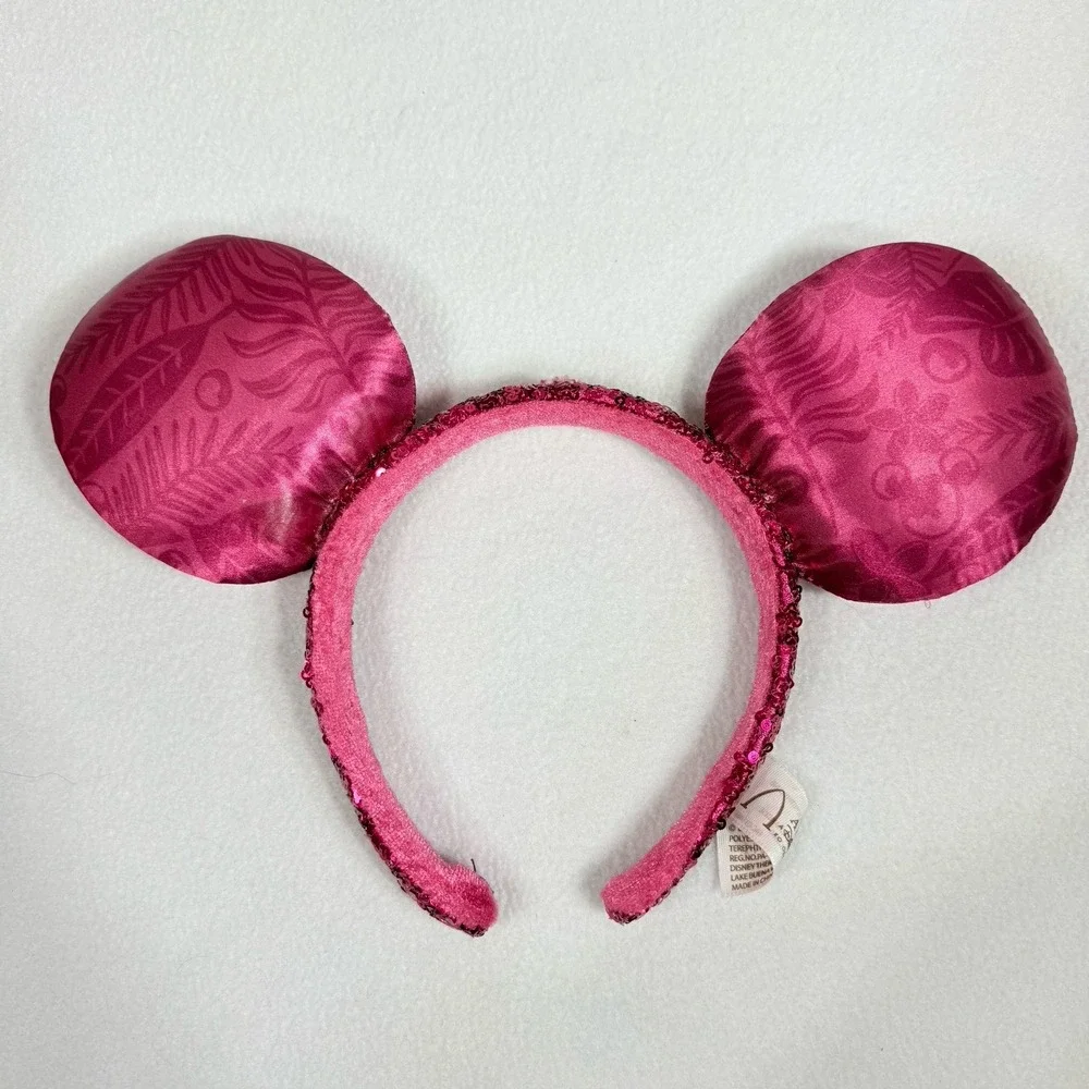 Disney Aulani Resort Pink Satin Tropical Minnie Mickey Ears Theme Park One Size